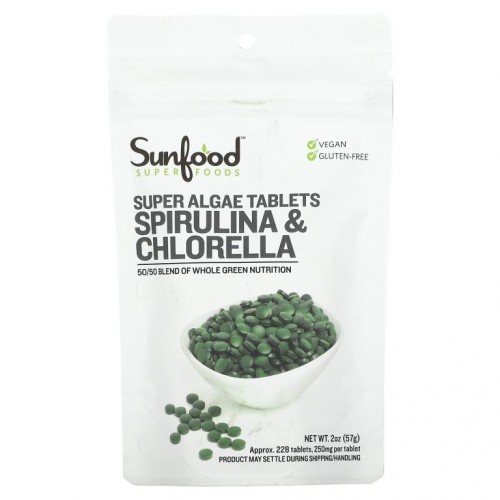 Sunfood, 스피룰리나 및 클로렐라, 슈퍼 해조류 타블렛, 250mg, 약 228정, 57g(2oz)