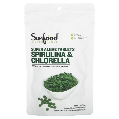 Sunfood, 스피룰리나 & 클로렐라, 슈퍼 해조류 타블렛, 250mg, 456정