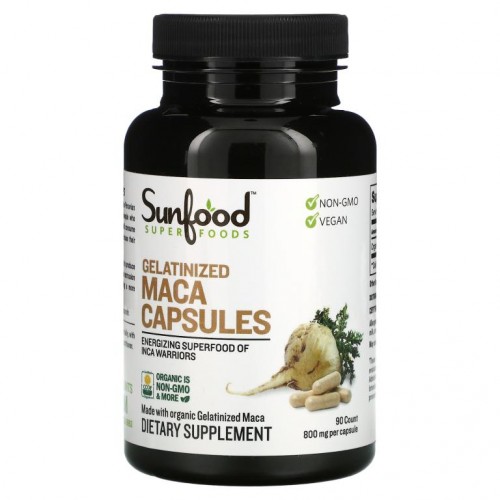 Sunfood, 젤라틴화 마카 캡슐, 800mg, 캡슐 90정