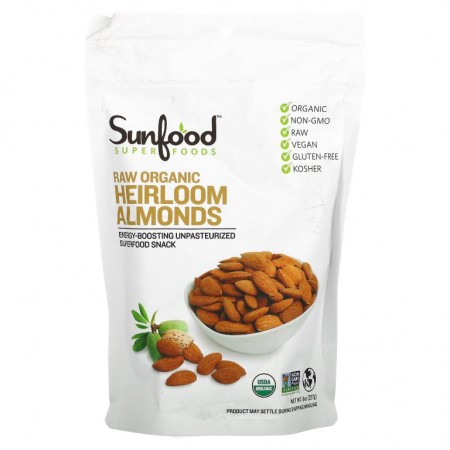 Sunfood, 무가공 유기농 Heirloom 아몬드, 227g(8oz)