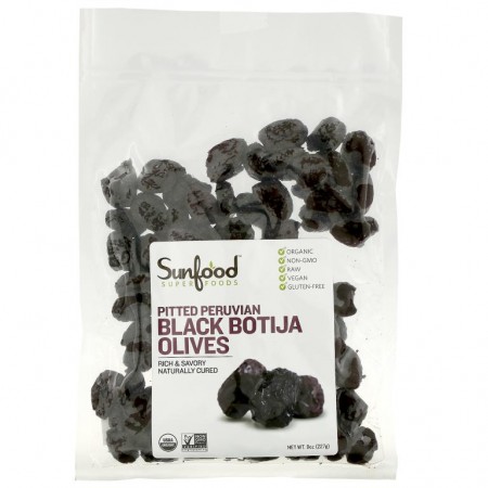 Sunfood, 씨를 발라낸 페루산 블랙 보티자 올리브, 227g(8oz)