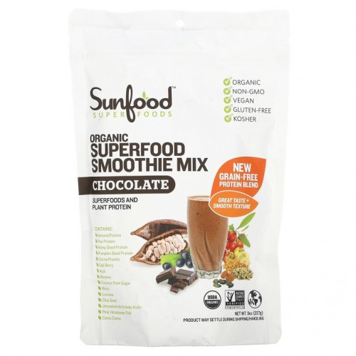 Sunfood, 유기농 초콜릿 슈퍼 푸드 스무디 믹스, 227g(8oz)
