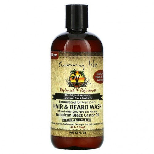 Sunny Isle, Men 2-N-1 Hair & Beard Wash with Jamaican Black Castor Oil, 12 fl oz
