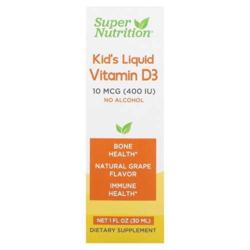 Super Nutrition, 어린이용 액상 비타민D3, 무알코올, 포도맛, 10mcg(400IU), 30ml(1fl oz)