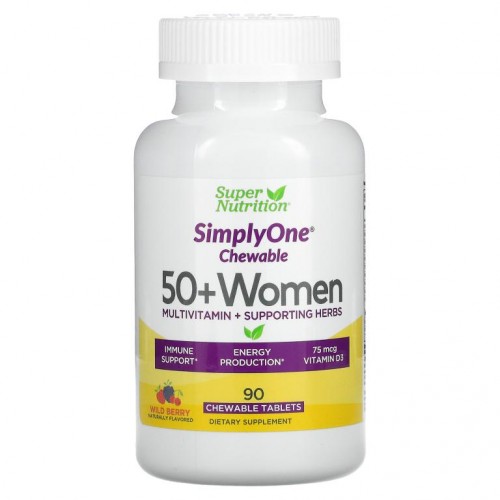 Super Nutrition, SimplyOne, 50세 이상 여성용 종합비타민 + 보조 허브, 와일드 베리, 츄어블 90정