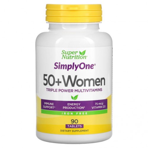 Super Nutrition, SimplyOne, 50세 이상 여성용 트리플 파워 종합비타민, 철분 무함유, 90정