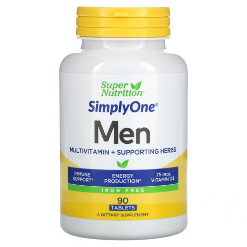 Super Nutrition, SimplyOne, 남성용 종합비타민 + 건강 증진 허브, 철분 무함유, 90정