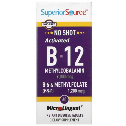 Superior Source, 활성 B-12 메틸코발라민, B-6(P-5-P) 및 메틸엽산, 2,000mcg/1,200mcg, 60정