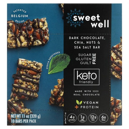 Sweetwell, 케토 바, 치아, 견과, 천일염, 다크 초콜릿, 바 10개, 개당 32g(1.1oz)