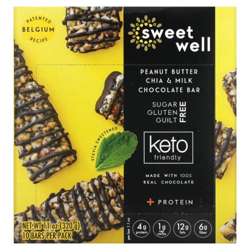 Sweetwell, 땅콩버터, 치아, 밀크 초콜릿 바, 단백질, 케토 친화 상품, 바 10개, 각 32g(1.1oz)