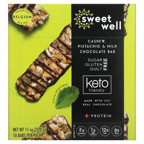 Sweetwell, 케토 바, 캐슈, 피스타치오, 밀크 초콜릿, 바 10개, 32g(1.1oz)