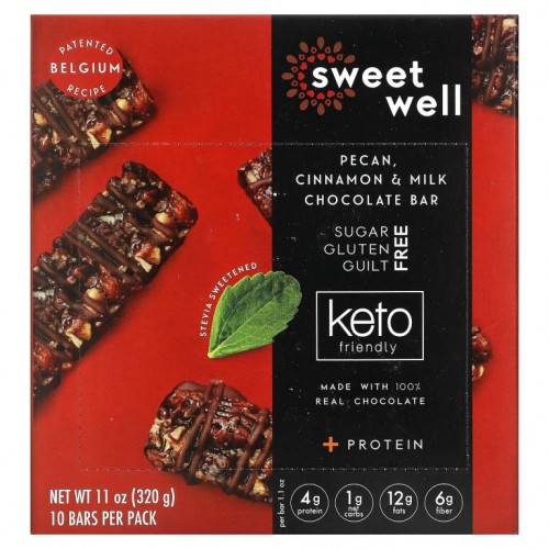 Sweetwell, 케토 바, 피칸, 시나몬, 밀크 초콜릿 바, 10개입, 개당 32g(1.1oz)