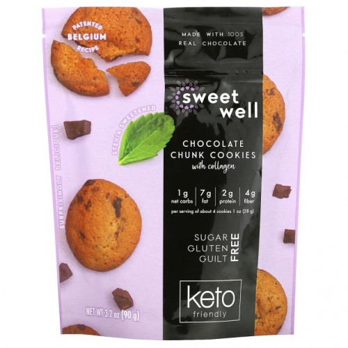 Sweetwell, 케토 쿠키, 콜라겐 함유, 초콜릿 청크, 90g(3.2oz)