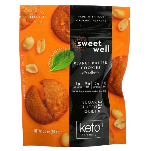 Sweetwell, 케토 쿠키, 콜라겐 함유, 땅콩 버터, 90g(3.2oz)