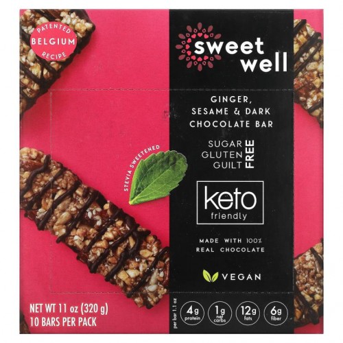 Sweetwell, Keto Bar, Ginger, Sesame & Dark Chocolate, 10 Bars, 1.1 oz (32 g) Each