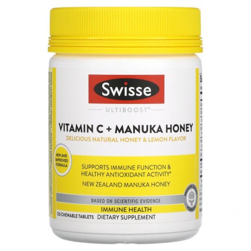 Swisse, Ultiboost, 비타민 C + 마누카 꿀, 맛있는 천연 꿀 & 레몬 향, 120 츄어블 정