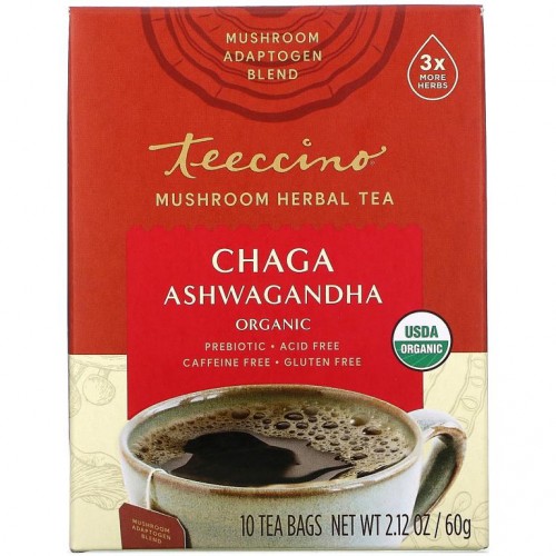 Teeccino, 버섯 허브차, 유기농 차가 아슈와간다, 버터스카치 크림, 무카페인, 티백 10개입, 60g(2.12oz)
