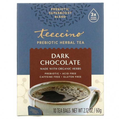 Teeccino, 프리바이오틱 허브차, 유기농 다크 초콜릿, 카페인 무함유, 티백 10개, 60g(2.12oz)