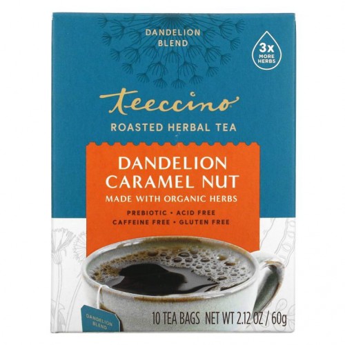 Teeccino, 볶은 허브티, 민들레 캐러멜 너트, 카페인 무함유, 티백 10개입, 60g(2.12oz)