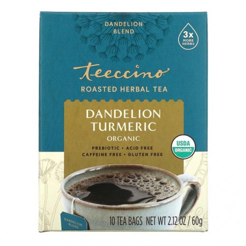Teeccino, 유기농 로스트 허브차, 민들레 강황, 무카페인 무료, 10개의 티백, 2.12 oz (60 g)