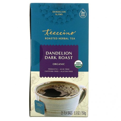 Teeccino, 볶은 유기농 허브차, 민들레 다크 로스트, 카페인 무함유, 티백 25개, 150g(5.3oz)