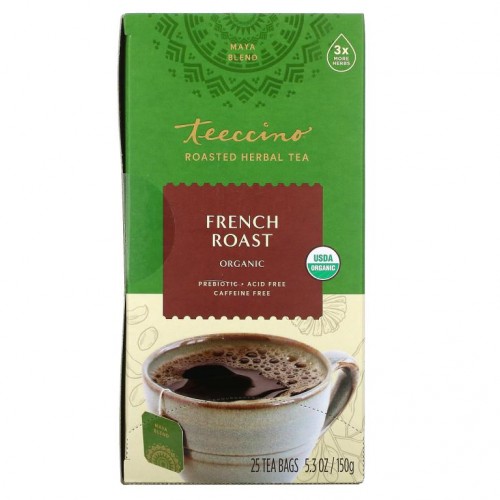 Teeccino, 볶은 유기농 허브차, 프렌치 로스트, 카페인 무함유, 티백 25개, 150g(5.3oz)