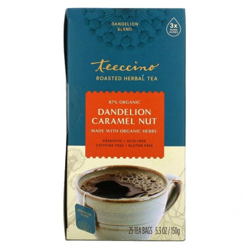Teeccino, 볶은 허브차, 민들레 카라멜 너트, 카페인 무함유, 티백 25개입, 150g(5.3oz)