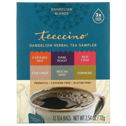 Teeccino, 민들레 허브 티 샘플러, 6가지 향, 카페인 무함유, 티백 12개입, 72g(2.54oz)