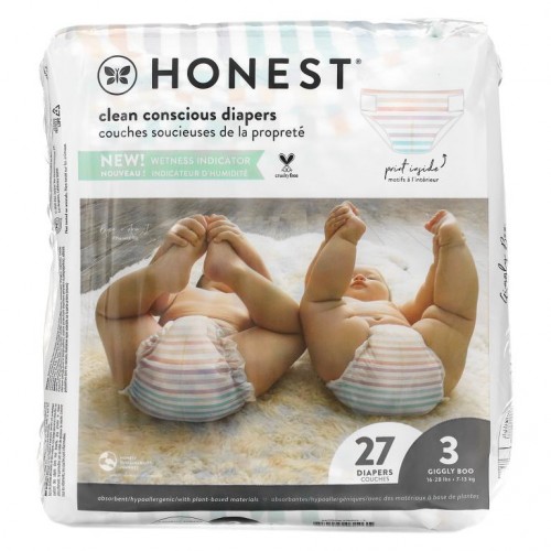 The Honest Company, Honest 기저귀, 사이즈 3, 16~28파운드, 레인보우 스트라이프, 27개입