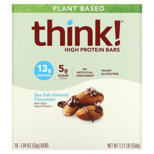 Think !, 단백질 고함유 바, 바다 소금 아몬드 초콜릿, 10개입, 각 55g(1.94oz)
