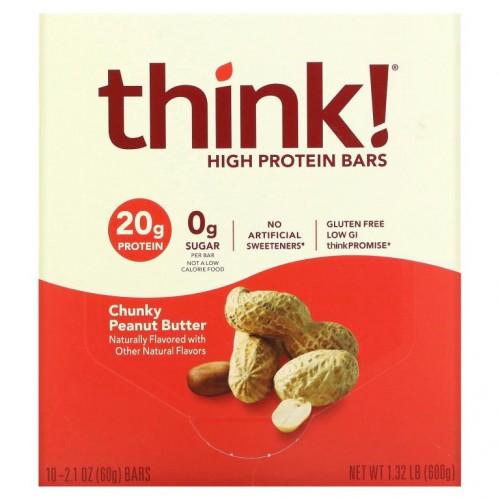 Think !, 하이 프로틴바, 청키 땅콩 버터, 10개입, 각 60g(2.1oz)