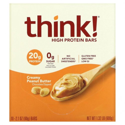 Think !, 하이 프로틴바, 크리미 땅콩 버터, 바 10개, 각 60g(2.1oz)