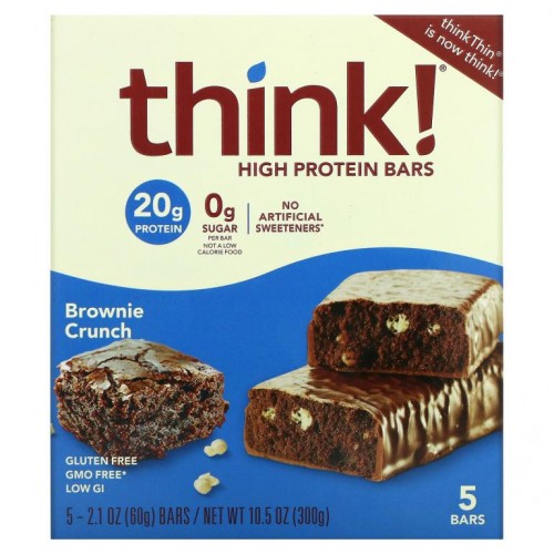 Think !, 하이 프로틴바, 브라우니 크런치, 바 5개, 각 60g(2.1oz)