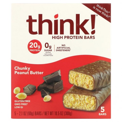 Think !, 하이 프로틴 바, 청키 땅콩버터, 프로틴 바 5개입, 각 60g(2.1oz)