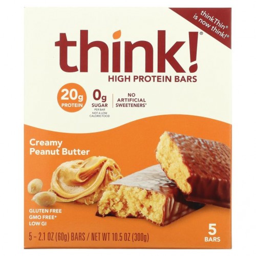 Think !, 하이 프로틴 바, 크리미 땅콩버터, 바 5개, 각 60g(2.1oz)