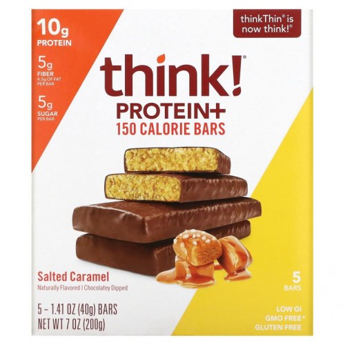 Think !, 프로틴+ 150 칼로리 바, 솔티드 카라멜, 5 개입, 바 1 개당 1.41 oz (40 g)