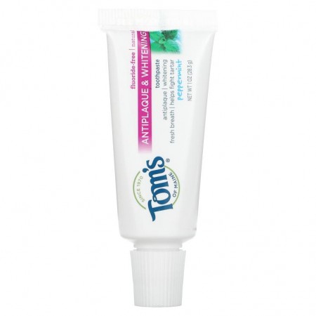 Tom's of Maine, 천연 안티플라그 및 화이트닝 치약, 불소 무함유, 페퍼민트, 28.3g(1oz)