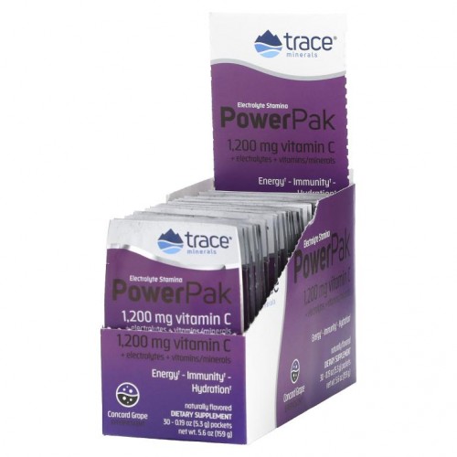Trace Minerals ®, 전해질 함유 지구력 강화 파워팩, 콩코드 포도 맛, 30팩. 개당 5.3g(0.19oz)