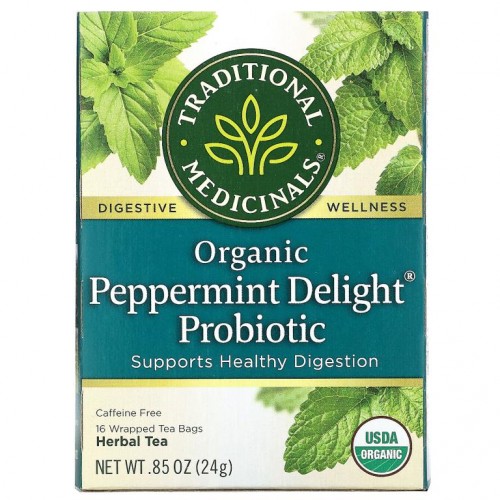 Traditional Medicinals, 유기농 페퍼민트 딜라이트 프로바이오틱, 카페인 무함유, 티백 16개입, 24g(0.85oz.)