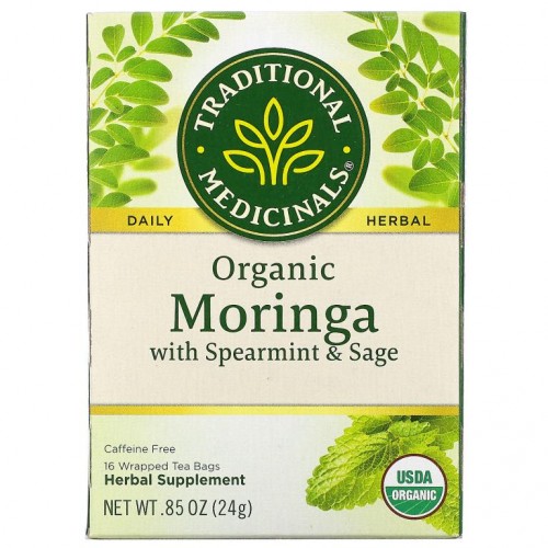 Traditional Medicinals, 유기농 모링가 및 스피어민트 & 세이지, 카페인 무함유, 포장 티백 16개입, 24g(0.85oz)