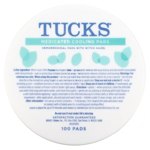 Tucks, 약용 쿨링 패드, 100 패드