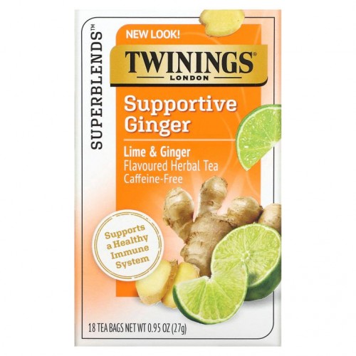 Twinings, 면역 증진 허브차, 화이트 히비스커스, 라임 및 생강, 카페인 무함유, 티백 18개입, 27g(0.95oz)