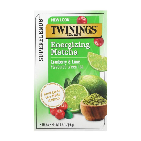 Twinings, 에너자이즈 녹차, 말차, 크랜베리 & 라임, 티백 18개입, 36g(1.27oz)