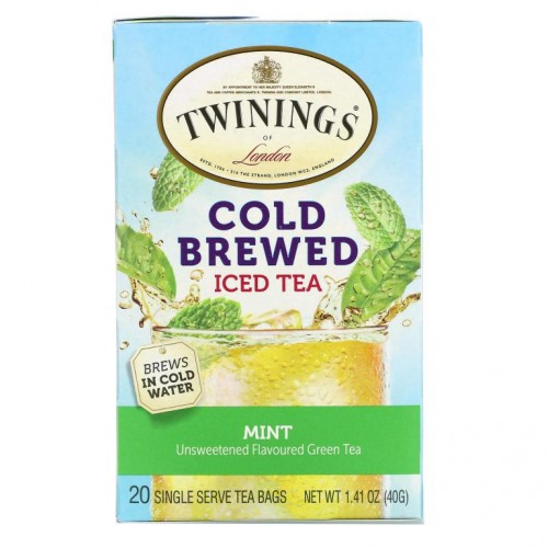 Twinings, 콜드 브루 아이스티, 무가당 가향 녹차, 민트, 1인분 티백 20개, 40g(1.41oz)