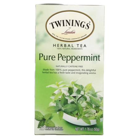 Twinings, 허브차, 순수 페퍼민트, 카페인 무함유, 티백 25개, 50g(1.76oz)