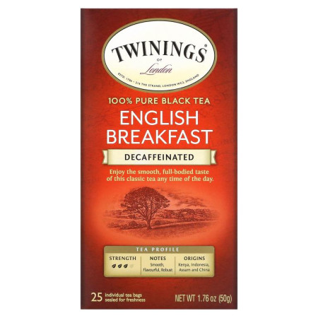 Twinings, 100% 순수 홍차, 잉글리시 브랙퍼스트, 디카페인, 티백 25개, 50g(1.76oz)