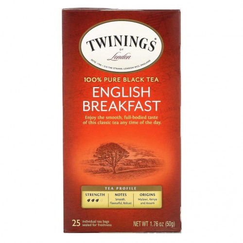Twinings, 100% 순수 홍차, 잉글리시 브랙퍼스트, 티백 25개, 50g(1.76oz)