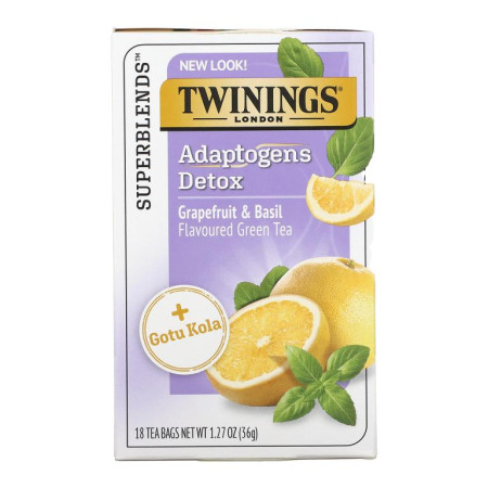 Twinings, Detox, Adaptogens, Grapefruit & Basil Flavored Green Tea, 18 Tea Bags, 1.27 oz (36 g)