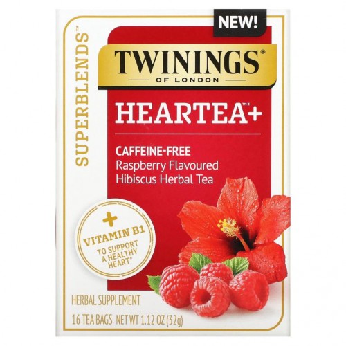 Twinings, Superblend, 하트티, 비타민 B1 함유, 라즈베리, 히비스커스 허브티, 카페인 무함유, 티백 16개, 32g(1.12oz)