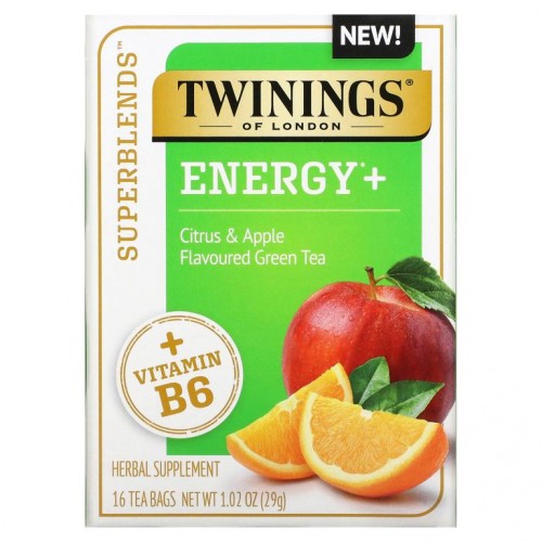 Twinings, Superblends, 비타민 B6의 활력 효과, 시트러스 & 사과 녹차, 티백 16개, 29g(1.02oz)
